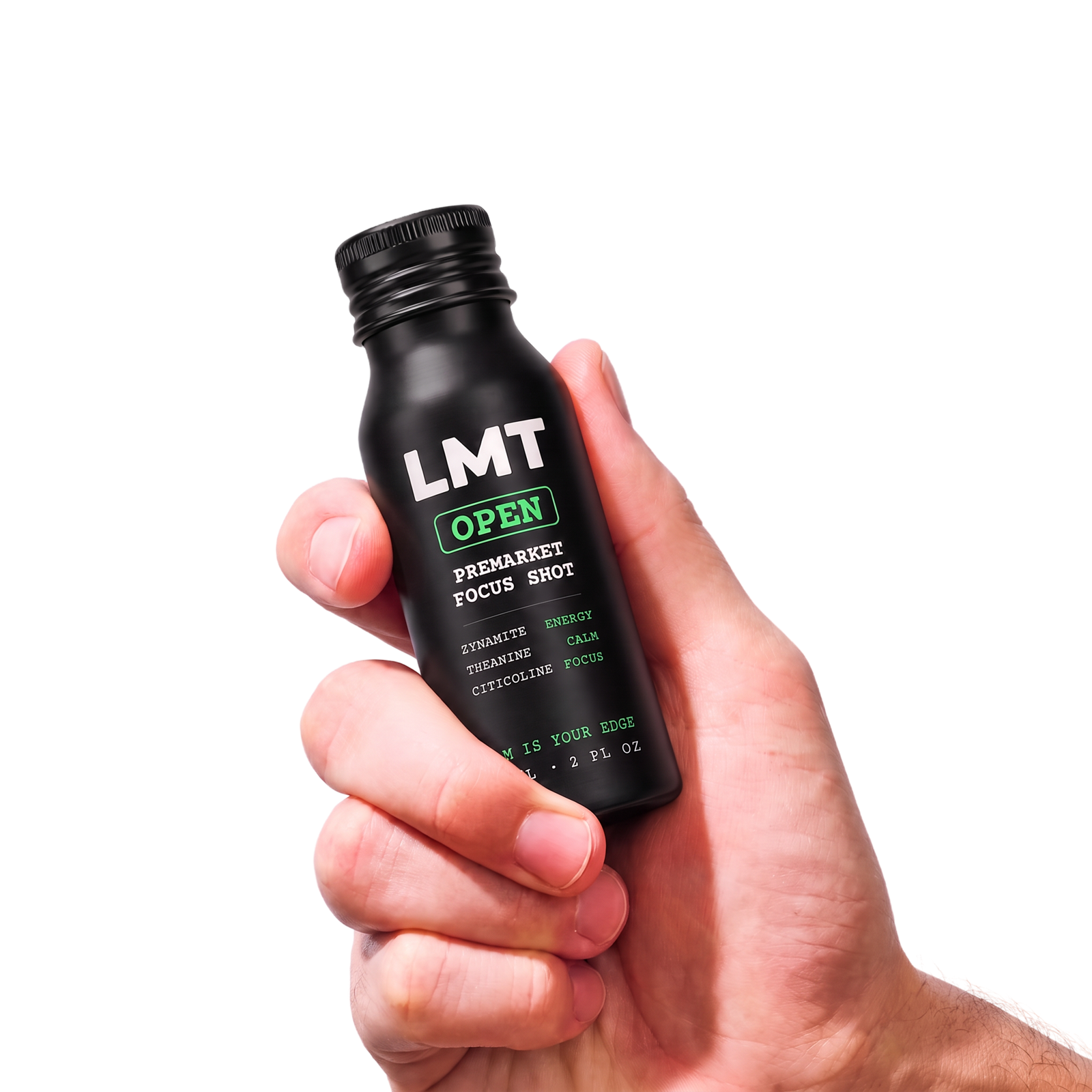 A hand holding a bottle of LMT Open